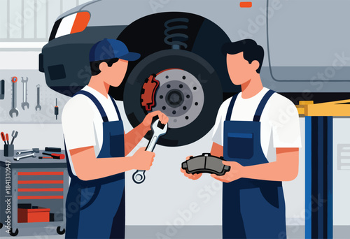 Mechanics working on car brakes in a workshop
