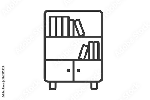 Simple outline bookcase filled with various books and closed storage cabinet