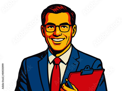 smiling male marketer in a suit holding a clipboard, symbolizing branding, promotion, and strategy. Generative ai vector colorful pop art illustration.