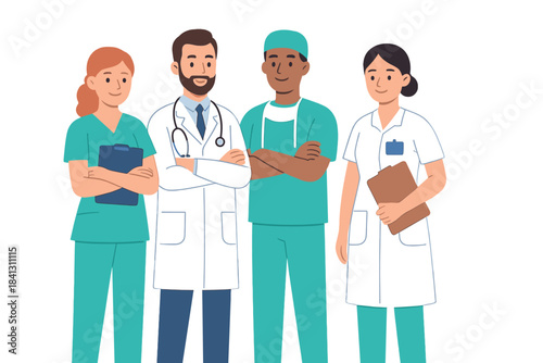 Confident diverse group of medical professionals including doctors and nurses standing together