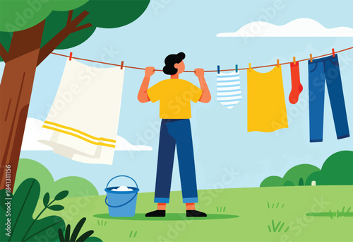 Person hanging clothes on a clothesline in a grassy yard