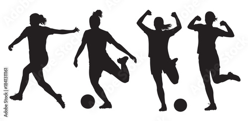 four black silhouettes of women playing soccer on white