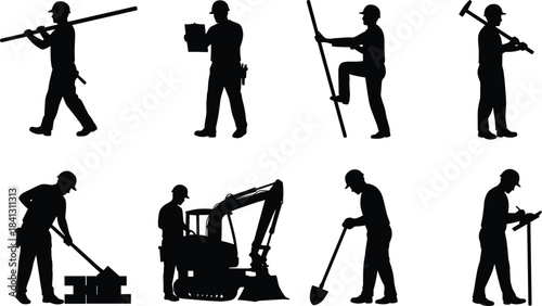 Construction worker silhouettes, manual labor, carrying beam, bricklaying, shoveling, sledgehammer, ladder climbing, excavator operator, planning, occupational safety, building site, teamwork, 
