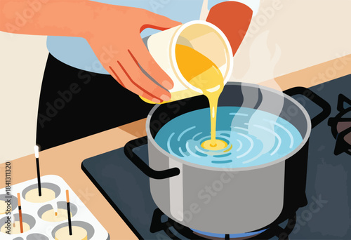 Hand pouring yellow liquid into a pot of boiling water