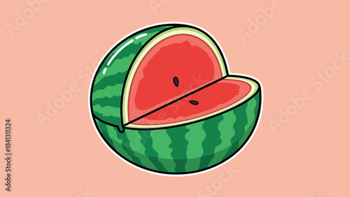 Illustration of a watermelon with a slice cut out, revealing the red flesh and black seeds.