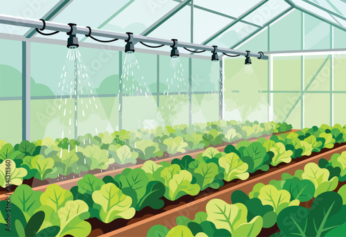 Rows of green lettuce being watered inside a modern, sunlit greenhouse