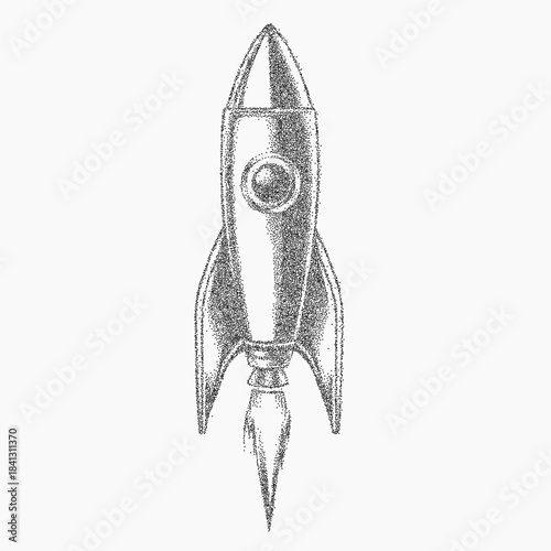 Cute rocket with rounded shape and smiling details, soft grain and stippled texture, subtle dust and paper grit over a faded vintage background.