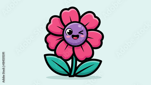 Cartoon flower with pink petals, green leaves, and a winking face in the center.