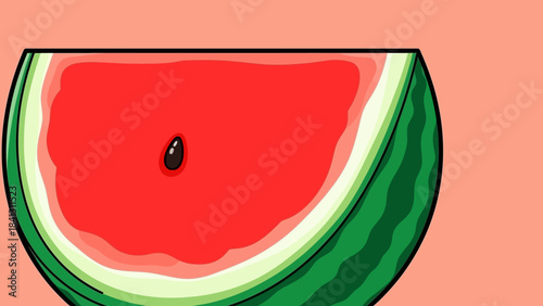 Illustration of a watermelon slice with red flesh and green rind, featuring a single seed.