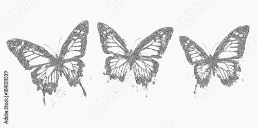 Butterflies and paint splashes with messy ink outlines, grainy halftone texture and gritty dust, layered noise on faded paper background.