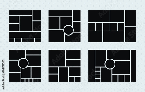 Mood board template. Photo collage grid. Moodboard banner. Mosaic pictures. Square and horizontal design of gallery mockup. Set of scrapbook frames. Photography album layout. Vector illustration