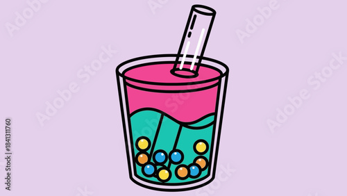 Illustration of a bubble tea drink with pink liquid, green liquid, and colorful tapioca pearls.