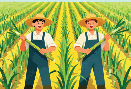 Two farmers wearing straw hats and overalls hold harvested sugar cane stalks in a field