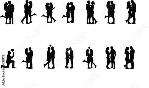 Collection of romantic couple silhouettes showing affection, kissing, and embracing, symbolizing deep love, passion, dating, commitment, and tender romantic relationship moments in vector art
