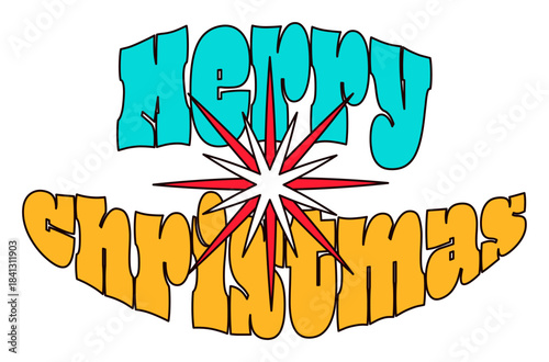 Star and text Merry Christmas. New Year sticker or gift card in old style of 2000. Cartoon Y2K retro sticker on white background