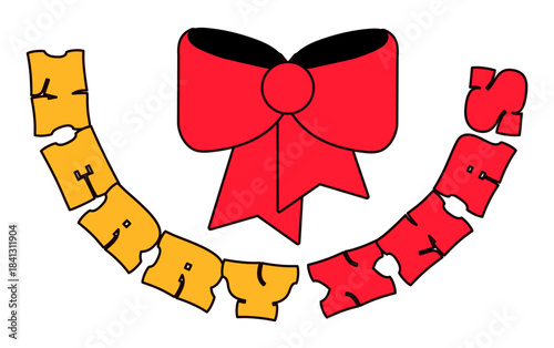Bow And Text Merry Christmas. New Year sticker or gift card in old style of 2000. Cartoon Y2K retro sticker on white background