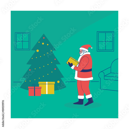 A cartoon illustration of santa claus standing next to a christmas tree in a green room with presents