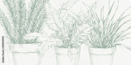 Background with green drawings of potted plants with fine grain texture, dust speckles and faint stains on aged paper surface with worn vintage marks.
