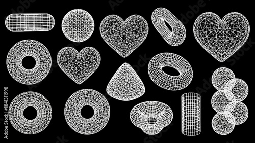 Collection of Wireframe 3D Geometric Shapes and Abstract Forms on Black Background