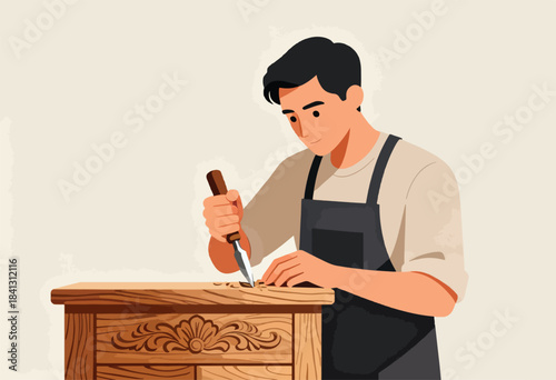 Craftsman carving intricate details into wooden furniture with a chisel