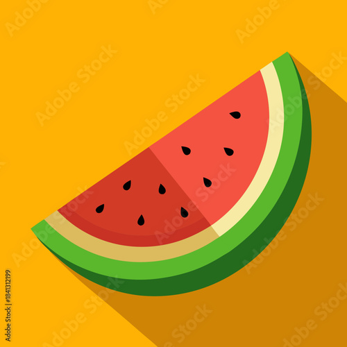 A vibrant watermelon slice with a long shadow displayed on an orange background