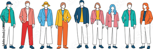 Colorful fashion, diverse outfits, character illustration, modern clothing, vector people, casual style, trendy wear, minimal design, standing pose, accessories