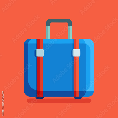 An illustrated blue suitcase icon with red straps on a bright coral background