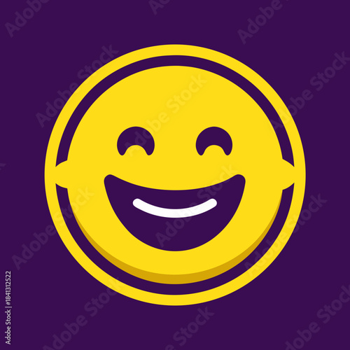 Yellow smiley face icon laughing on a dark purple background