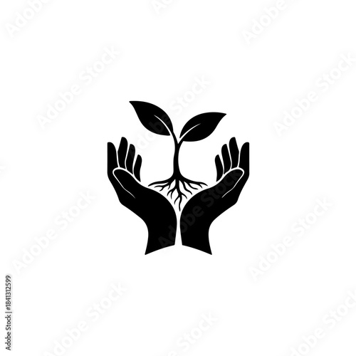 Black and white illustration of hands cradling a young plant with visible roots, symbolizing growth and care. isolated on transparent background