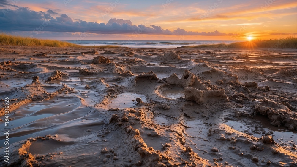 Obraz premium Sandy coastline at sunset with reflective pools and soft clouds in the background, creating a serene atmosphere