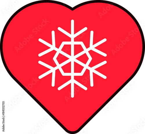 Red heart sticker with snowflake. New Year sticker or gift card in old style of 2000. Cartoon Y2K retro sticker on white background
