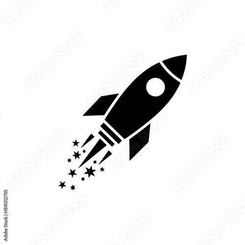 Vector illustration of a black rocket blasting off with stars trailing, symbolizing space travel and exploration isolated on transparent background