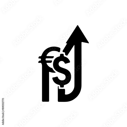 Euro and dollar currency symbols with upward trending arrow indicating financial growth and economic success isolated on transparent background