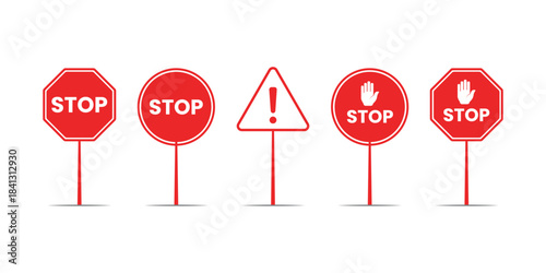 Collection of red stop sign icons for traffic and safety
