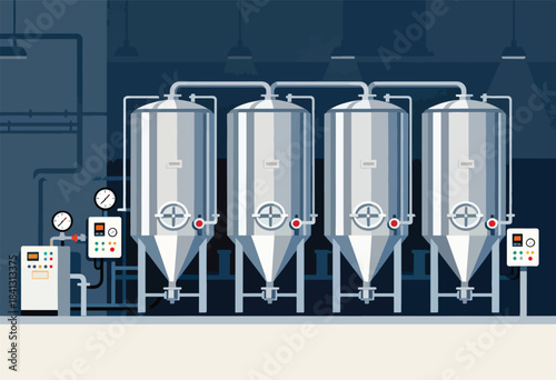 Four large stainless steel fermentation tanks with gauges and pipes in an industrial setting