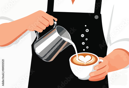Barista pouring milk creating latte art heart into a coffee cup
