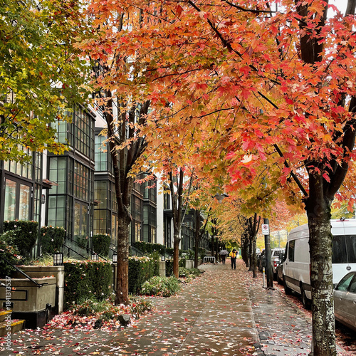 Rain-Soaked Vancouver Street with Vibrant Autumn Leaves