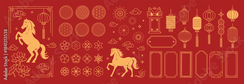 Chinese New Year horse element vector set. Gold decorative horse illustrations with lanterns, floral patterns, clouds and traditional Chinese line art on red background. 
