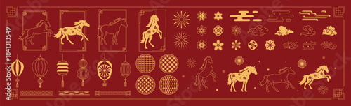 Chinese New Year horse element vector set. Gold decorative horse illustrations with lanterns, floral patterns, clouds and traditional Chinese line art on red background. 