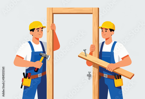 Two workers in blue overalls and yellow hard hats build a wooden frame