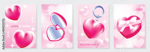 Happy Valentine’s Day background vector set. Pink glossy heart illustration with sparkles, gift box ribbon, keychain and heart mirror elements. Lovely romantic design for cards, posters, packaging .