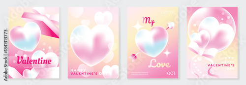Happy Valentine’s Day background vector set. Soft pastel gradient heart illustration with glowing bokeh, cupid arrow, ribbon and dreamy bubbles. Romantic elegant design for greeting cards, posters.
