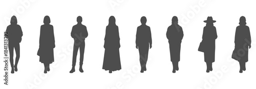 Detailed cad top view drawing of silhouette people with detailed outfits—hoodies, jackets, dresses, backpacks, handbags, hats. vector illustration – CAD vector reference #19