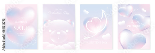 Happy Valentine’s Day background vector set. Soft pastel gradient hearts and cute bear illustration with glowing sparkles. Lovely romantic design for greeting cards, posters, invitations and sale bann