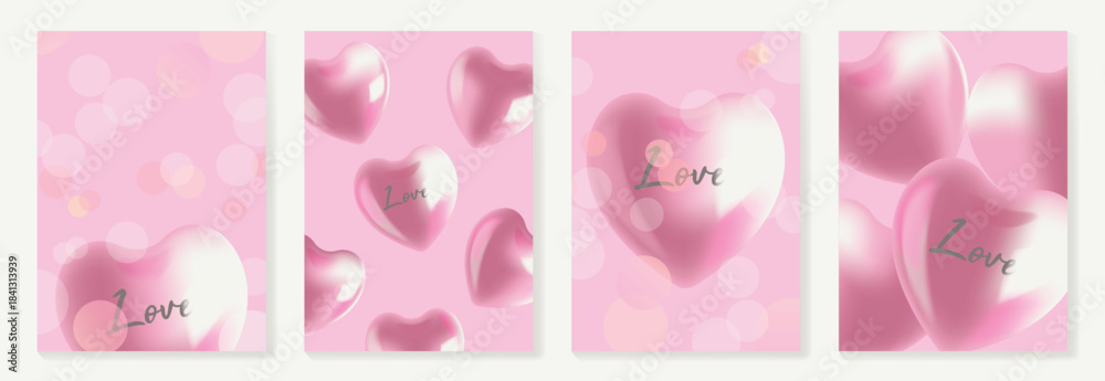 Fototapeta premium Happy Valentine’s Day background vector set. Pink glossy heart illustration with soft bokeh glow and romantic highlights. Lovely elegant design for greeting cards, posters, invitations and love-themed
