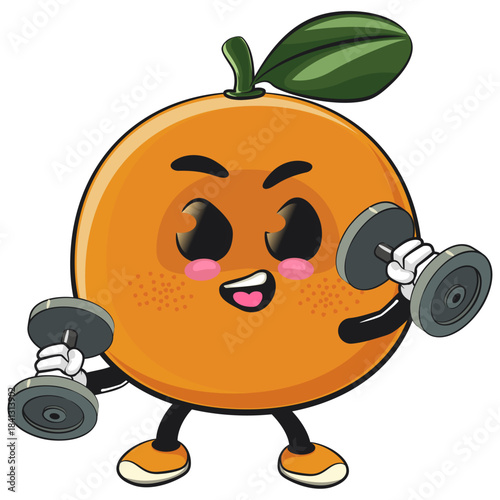cute orange mascot character barbell lifting exercises, happy mandarin fruit cartoon vector illustration, work of hand drawn