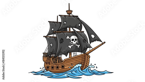 Cartoon Pirate Ship with Skull and Crossbones Flag Sailing on Rough Seas