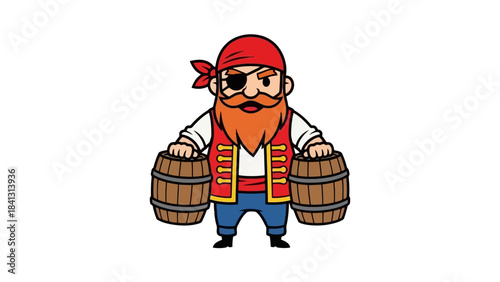 Cartoon Pirate with Patch and Beard Holding Wooden Barrels on White Background
