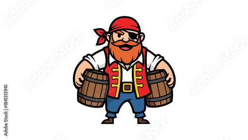 Cartoon Pirate Character Holding Barrels, Whimsical Illustration for Adventure and Fun