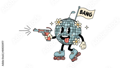 Groovy Disco Ball Character on Roller Skates Shooting a Toy Gun with BANG Flag